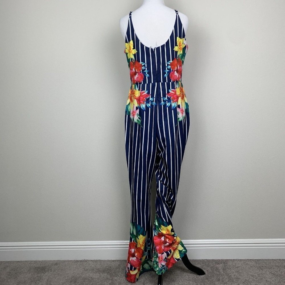 Chicways Floral and Striped Jumpsuit Size Large Hibiscus Flower Vneck blue - Picture 9 of 9